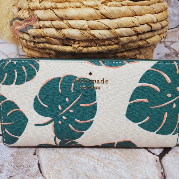 #bagsavenue fast ship  Kate Spade Monstera Leaves Slim Bifold Wallet Cream multi - Picture 4 of 7